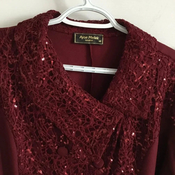 Set Jacket Skirt Maxi Lace sequins Burgund  Evening Formal Sz 14 US Women PLUS - Picture 4 of 10